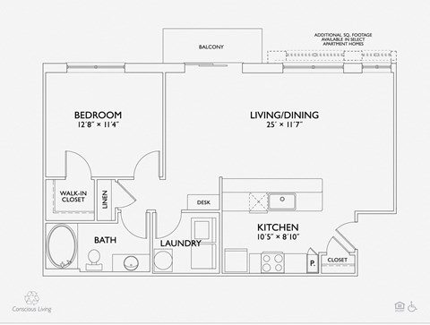 Floor plan for 1 bed, 1 bath, 801 sqft